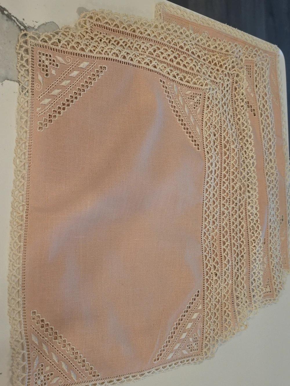 Vintage Peach/Pink/Blush Linen Madeira Style Embroidered Lace Placemats Set/12